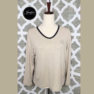 Liz Claiborne Liz Sport Tan with Navy Blue V Neck Long Sleeve Top Size L